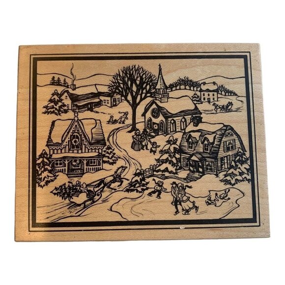 PSX Designs Wood Mounted Stamp Victorian Village Ice Skating K-2063 Snow Holiday - Picture 1 of 7